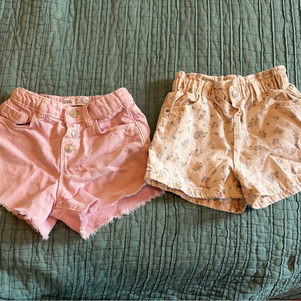 Zara Pink Denim Shorts & Zara Cream Floral Cotton Shorts